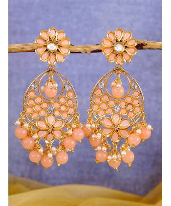 Kundan Floral Gold-Plated Long Earrings With Pink Pearls RAE0847