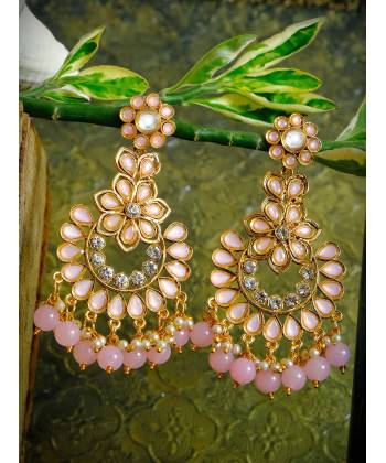 Long Floral Gold Plated Pink Stone & Peark Earring RAE0849