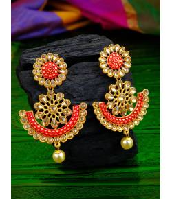Traditional Floral Gold  Plated Red Dangler Earring RAE0856