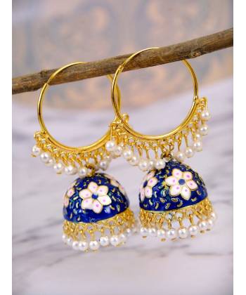 Gold plated Kundan Flower Meenakari Navy BlueHoop Jhumka  Earrings  With White Pearl Earrings RAE0861