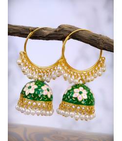 Gold plated Kundan Flower Meenakari Green Hoop Jhumka  Earrings  With White Pearl Earrings RAE0862