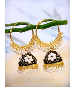 Gold plated Kundan Flower Meenakari Black Hoop Jhumka  Earrings  With White Pearl Earrings RAE0864 