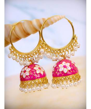 Gold plated Kundan Flower Meenakari Pink Hoop Jhumka  Earrings  With White Pearl Earrings RAE0865