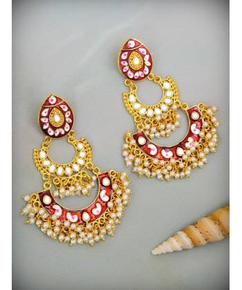 Crunchy Fashion Gold-Plated Floral Meenakari & Pearl Maroon Hoop Jhumka  Earrings  RAE0871