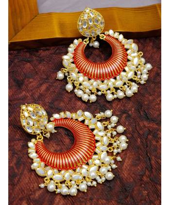 Crunchy Fashion Gold-Plated Floral Meenakari & Pearl Red Hoop Jhumka  Earrings  RAE0872