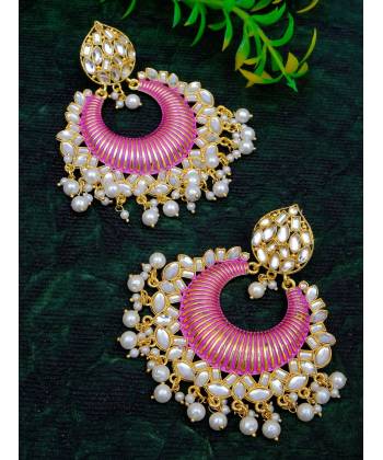 Crunchy Fashion Gold-Plated Floral Meenakari & Pearl Pink Hoop Jhumka  Earrings  RAE0873
