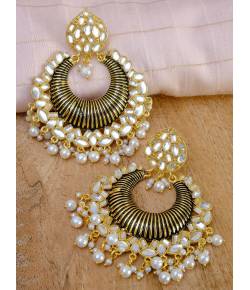 Crunchy Fashion Gold-Plated Floral Meenakari & Pearl Black Hoop Jhumka  Earrings  RAE0874