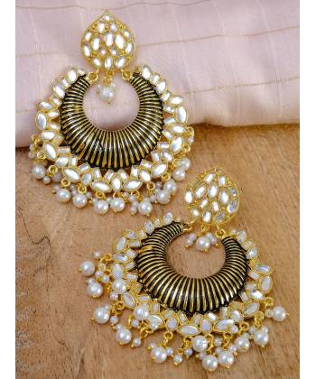 Crunchy Fashion Gold-Plated Floral Meenakari & Pearl Black Hoop Jhumka  Earrings  RAE0874