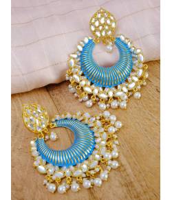 Crunchy Fashion Gold-Plated Floral Meenakari & Pearl Blue Hoop Jhumka  Earrings  RAE0875