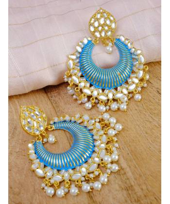 Crunchy Fashion Gold-Plated Floral Meenakari & Pearl Blue Hoop Jhumka  Earrings  RAE0875