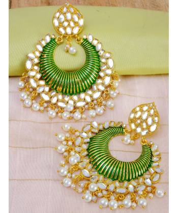 Crunchy Fashion Gold-Plated Floral Meenakari & Pearl Green Hoop Jhumka  Earrings  RAE0876