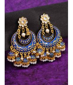 Crunchy Fashion Gold-Plated Floral Meenakari & Pearl Navy Blue Hoop Jhumka  Earrings  RAE0878