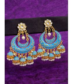 Crunchy Fashion Gold-Plated Floral Meenakari & Pearl Blue Hoop Jhumka  Earrings  RAE0879