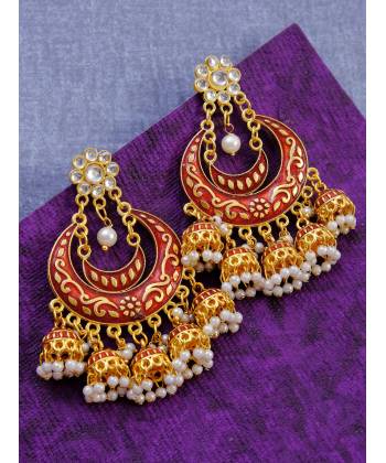 Gold Plated Little Jhumkis Hanging Studded Red Chandbali Earrings RAE0880