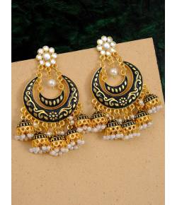 Gold Plated Little Jhumkis Hanging Studded Black Chandbali Earrings RAE0882
