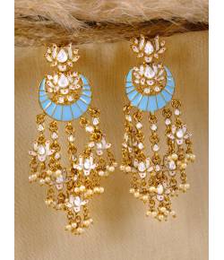 Indian Ethnic Hand Crafted Meenakari Lotus Sky Blue Chandbali Earring Set RAE0898