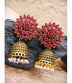 Gold Plated Meenakari Floral Red  Jhumka Earrings With White Pearl RAE0903