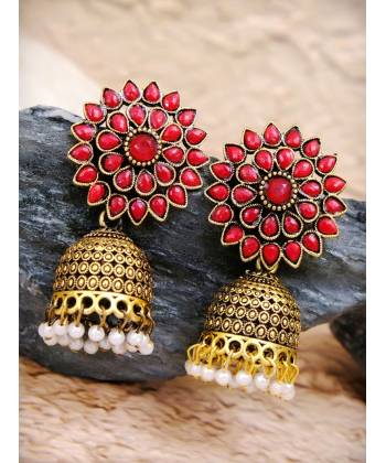 Gold Plated Meenakari Floral Red  Jhumka Earrings With White Pearl RAE0903