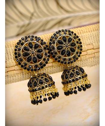 Gold Plated Meenakari Floral Black Jhumka Earrings With White Pearl RAE0916