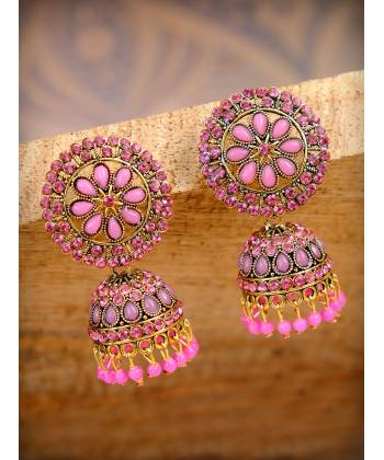 Designer Party Wear Gold Plated Floral Pink Jhumka Earrings RAE0917