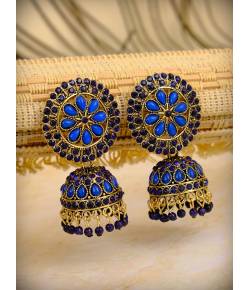 Gold Plated Meenakari Floral Blue Jhumka Earrings With White Pearl RAE0918