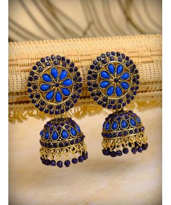 Gold Plated Meenakari Floral Blue Jhumka Earrings With White Pearl RAE0918