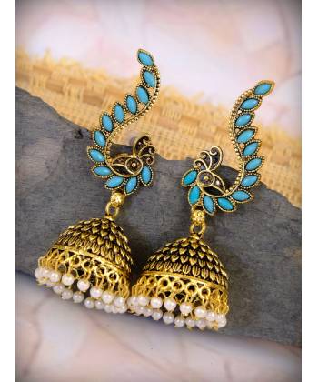 Gold Plated Meenakari Beautiful Blue Peacock Design Jhumka Earring RAE0922