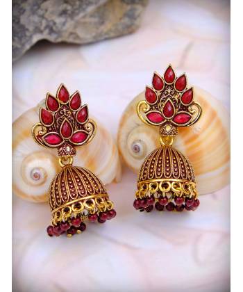 Gold plated Antique Red Floral Jhumka Earrings RAE0934
