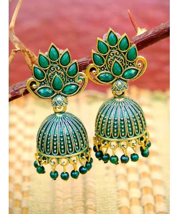 Gold plated Antique Green Floral Jhumka Earrings RAE0938