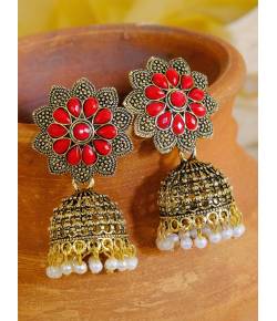 Gold-Plated Red Floral Jhumki Earring RAE0942