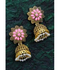 Traditional Gold Plated Floral Pink Earrings With Pearls RAE0944