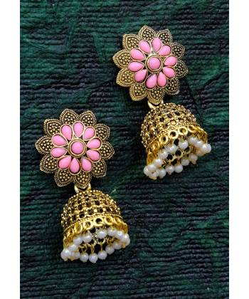 Traditional Gold Plated Floral Pink Earrings With Pearls RAE0944