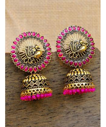 Gold Plated Pink Royal Kundan Peacock Jhumka Earrings RAE0950