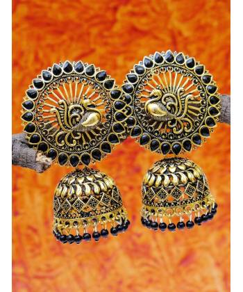 Gold Plated Black Royal Kundan Peacock Jhumka Earrings RAE0951