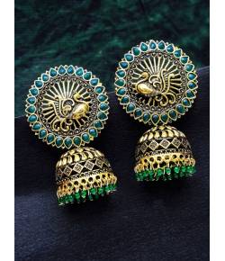 Gold Plated Green  Royal Kundan Peacock Jhumka Earrings RAE0952