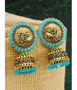 Gold Plated BlueRoyal Kundan Peacock Jhumka Earrings RAE0954
