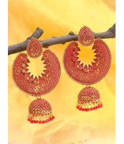 Gold Plated Chandabali Jhumki Red Jalidar Style Earring RAE0957