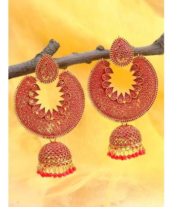 Gold Plated Chandabali Jhumki Red Jalidar Style Earring RAE0957