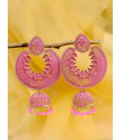 Gold Plated Chandabali Jhumki Pink  Jalidar Style Earring RAE0958