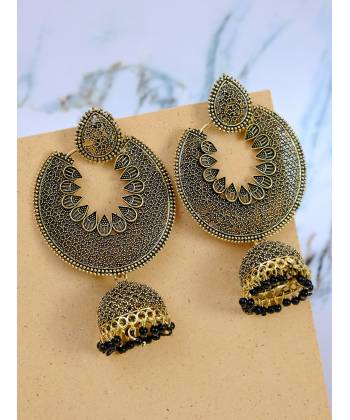Gold Plated Chandabali Jhumki Black Jalidar Style Earring RAE0959