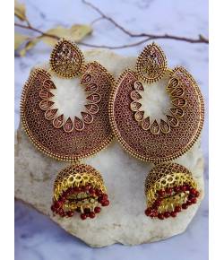 Gold Plated Chandabali Jhumki Maroon Jalidar Style Earring RAE0960