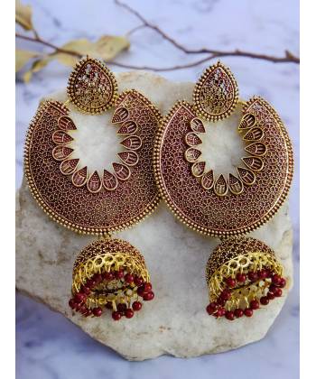Gold Plated Chandabali Jhumki Maroon Jalidar Style Earring RAE0960
