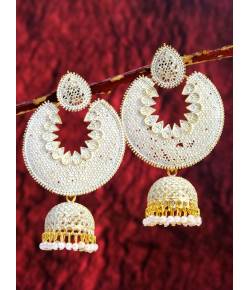 Gold Plated Chandabali Jhumki White Jalidar Style Earring  RAE0961