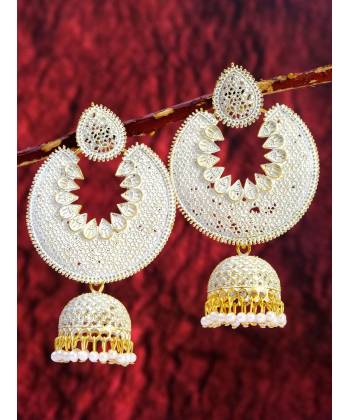 Gold Plated Chandabali Jhumki White Jalidar Style Earring  RAE0961