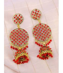Gold Plated Round Shape Jali Style Red Earrings RAE0963