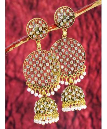 Gold Plated Round Shape Jali Style White Earrings RAE0964
