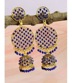 Gold Plated Round Shape Jali Style Navy Blue Earrings RAE0966
