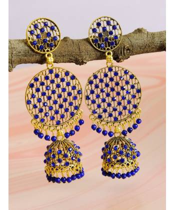 Gold Plated Round Shape Jali Style Navy Blue Earrings RAE0966