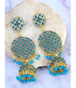 Gold Plated Round Shape Jali Style Blue Earrings RAE0967