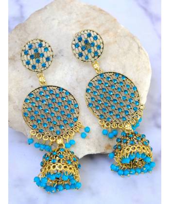 Gold Plated Round Shape Jali Style Blue Earrings RAE0967